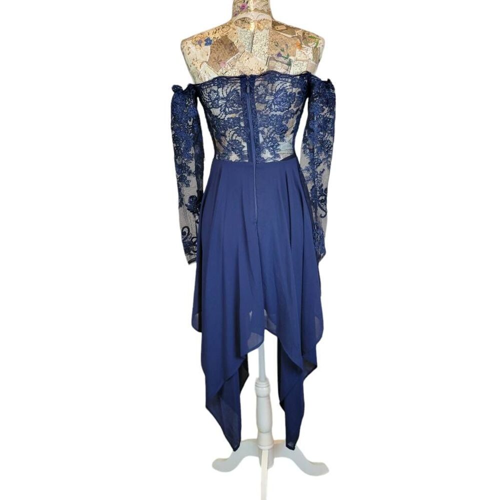 Blue Lace Off Shoulder Long Sleeve Hankerchief Hem Cocktail Evening Dress - Picture 7 of 9